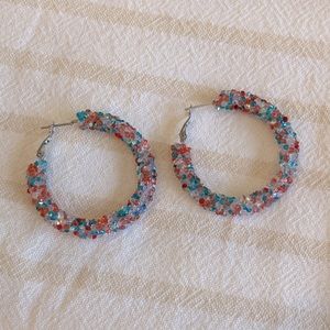 New Handmade Artisan Glitter Rope Hoop Earrings, Red White and Blue Rhinestone